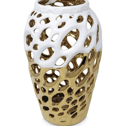 13" Gold And White Pierced Urn Porcelain Table Vase With Sculptural Details HomeRoots