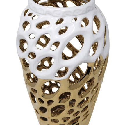 13" Gold And White Pierced Urn Porcelain Table Vase With Sculptural Details HomeRoots