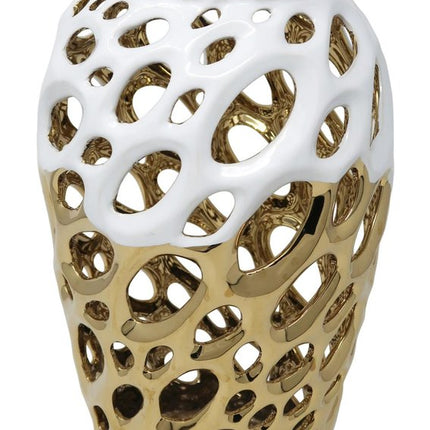 13" Gold And White Pierced Urn Porcelain Table Vase With Sculptural Details
