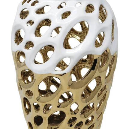 13" Gold And White Pierced Urn Porcelain Table Vase With Sculptural Details HomeRoots