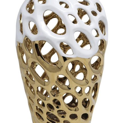 13" Gold And White Pierced Urn Porcelain Table Vase With Sculptural Details HomeRoots