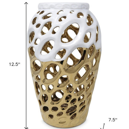 13" Gold And White Pierced Urn Porcelain Table Vase With Sculptural Details