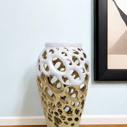 13" Gold And White Pierced Urn Porcelain Table Vase With Sculptural Details HomeRoots