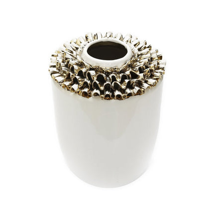 10" White Round Ceramic Table Vase With Sculptural Details HomeRoots