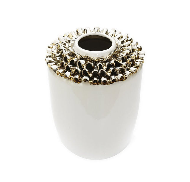 10" White Round Ceramic Table Vase With Sculptural Details HomeRoots