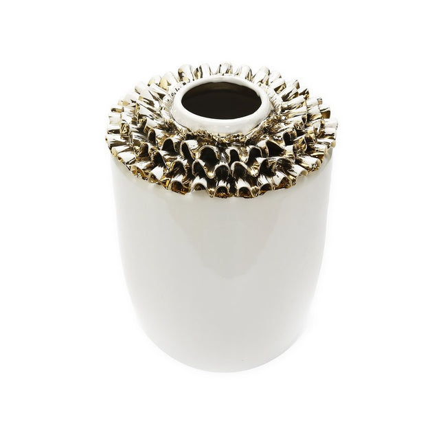 10" White Round Ceramic Table Vase With Sculptural Details