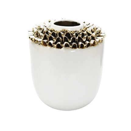 10" White Round Ceramic Table Vase With Sculptural Details