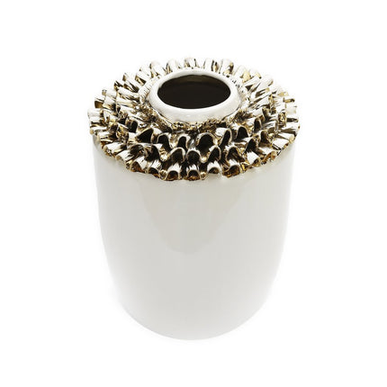 10" White Round Ceramic Table Vase With Sculptural Details