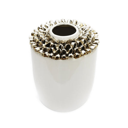 10" White Round Ceramic Table Vase With Sculptural Details HomeRoots
