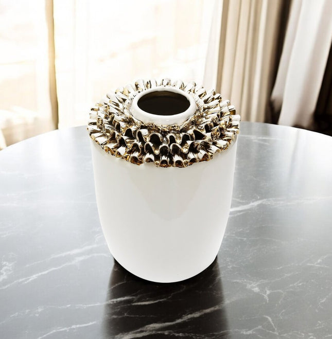 10" White Round Ceramic Table Vase With Sculptural Details HomeRoots