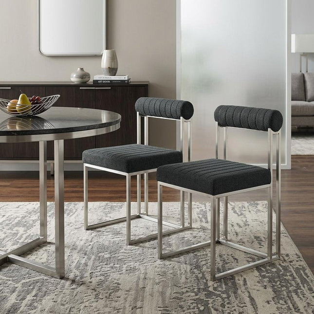 Set of Two Gray And Silver Upholstered Polyester Open Back Dining Side Chairs HomeRoots