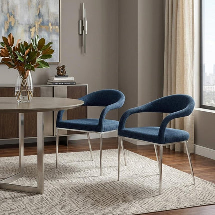 Set of Two Blue And Silver Upholstered Polyester Open Back Dining Arm Chairs