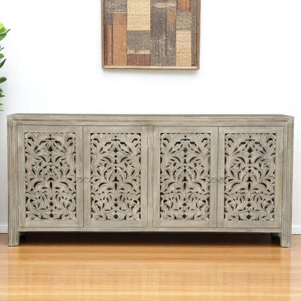 78" Gray Distressed Solid Wood Carved Floral Sideboard with Four Doors HomeRoots