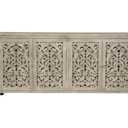 78" Gray Distressed Solid Wood Carved Floral Sideboard with Four Doors HomeRoots