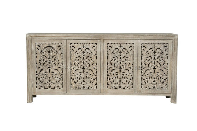 78" Gray Distressed Solid Wood Carved Floral Sideboard with Four Doors HomeRoots