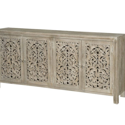 78" Gray Distressed Solid Wood Carved Floral Sideboard with Four Doors HomeRoots