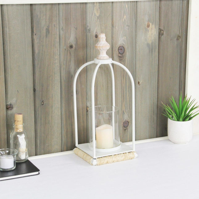 14" White Metal With Wood And Rope Tabletop Lantern Candle Holder