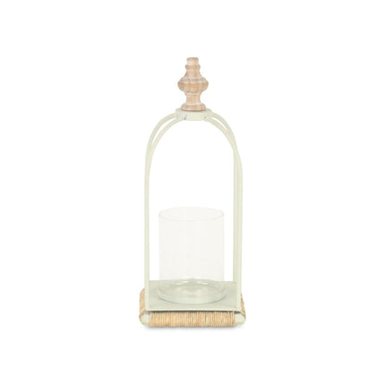 14" White Metal With Wood And Rope Tabletop Lantern Candle Holder