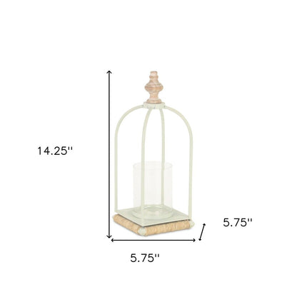 14" White Metal With Wood And Rope Tabletop Lantern Candle Holder