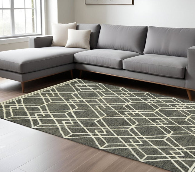 9' X 13' Dark Gray And Ivory Wool Geometric Hand Hooked Area Rug HomeRoots
