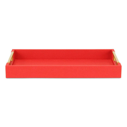 16" Red Wood and Vinyl Faux Shagreen Handmade Serving Tray With Handles HomeRoots
