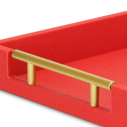 16" Red Wood and Vinyl Faux Shagreen Handmade Serving Tray With Handles HomeRoots
