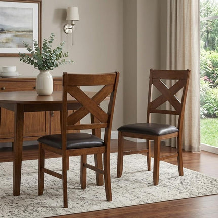 Set of Two Espresso and Brown Faux Leather Cross Back Dining Side Chairs