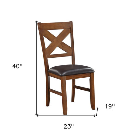 Set of Two Espresso and Brown Faux Leather Cross Back Dining Side Chairs