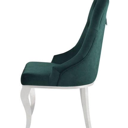 Set of Two Green and Silver Tufted Fabric Dining Side Chairs