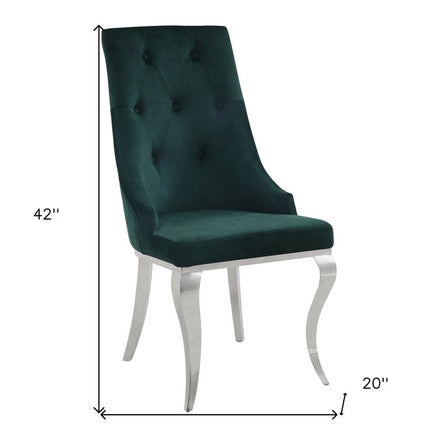 Set of Two Green and Silver Tufted Fabric Dining Side Chairs