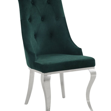 Set of Two Green and Silver Tufted Fabric Dining Side Chairs