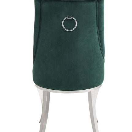 Set of Two Green and Silver Tufted Fabric Dining Side Chairs