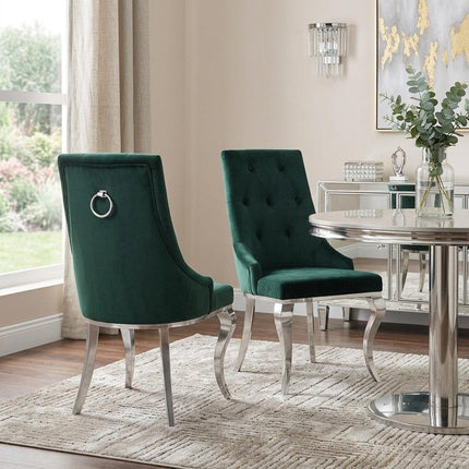Set of Two Green and Silver Tufted Fabric Dining Side Chairs
