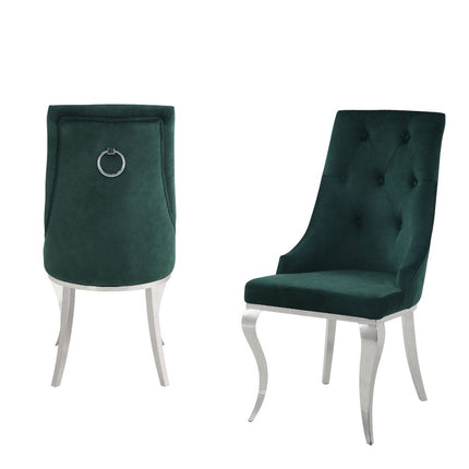 Set of Two Green and Silver Tufted Fabric Dining Side Chairs