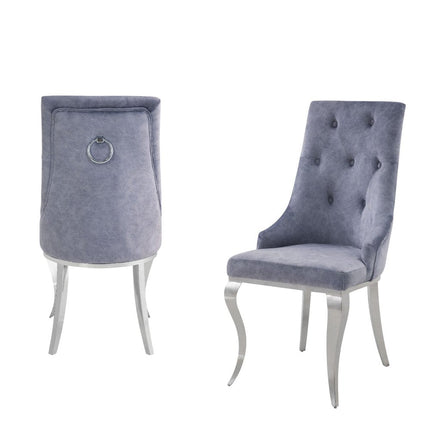 Set of Two Gray and Silver Tufted Fabric Dining Side Chairs