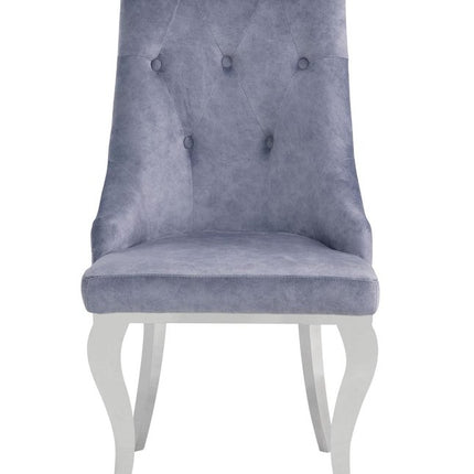 Set of Two Gray and Silver Tufted Fabric Dining Side Chairs