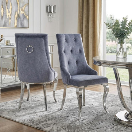 Set of Two Gray and Silver Tufted Fabric Dining Side Chairs HomeRoots