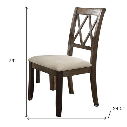Set of Two Beige and Brown Linen Open Back Dining Side Chairs