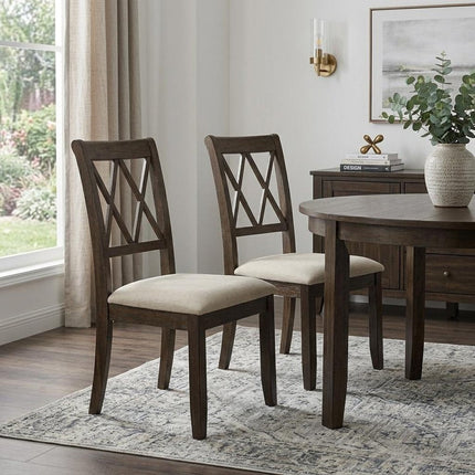Set of Two Beige and Brown Linen Open Back Dining Side Chairs
