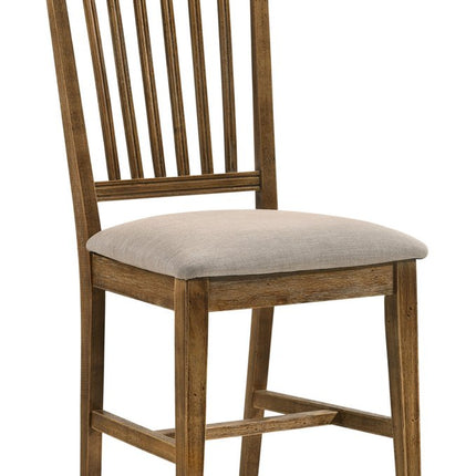 Set of Two Tan and Oak Linen Slat Back Dining Side Chairs