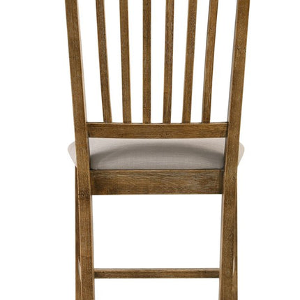 Set of Two Tan and Oak Linen Slat Back Dining Side Chairs