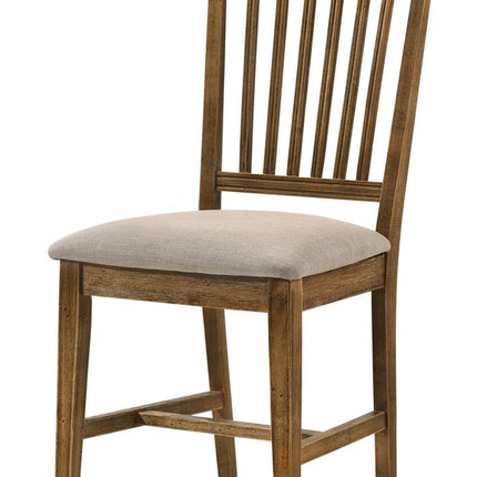 Set of Two Tan and Oak Linen Slat Back Dining Side Chairs