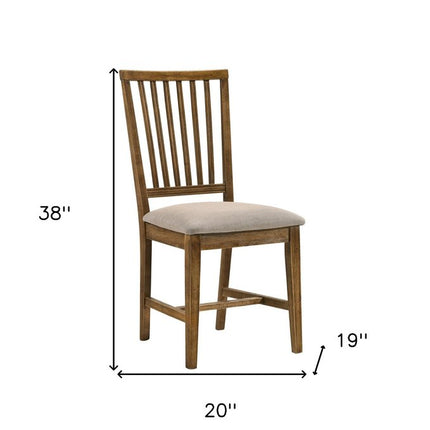 Set of Two Tan and Oak Linen Slat Back Dining Side Chairs