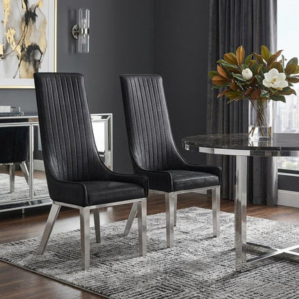 Set of Two Black and Silver Faux Leather Dining Side Chairs