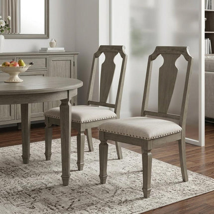 Set of Two Beige and Oak Linen Open Back Dining Side Chairs