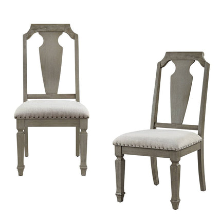 Set of Two Beige and Oak Linen Open Back Dining Side Chairs