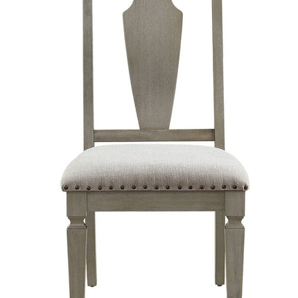 Set of Two Beige and Oak Linen Open Back Dining Side Chairs