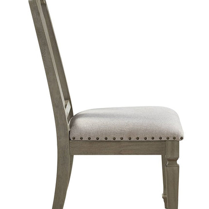 Set of Two Beige and Oak Linen Open Back Dining Side Chairs