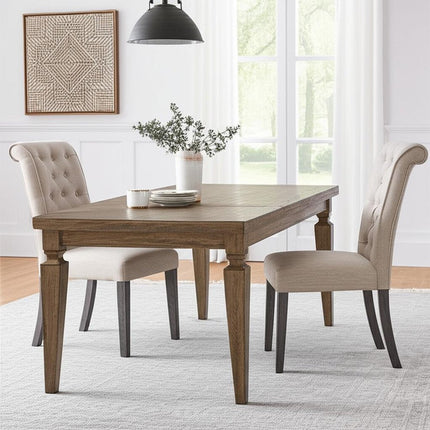 Set of Two Tufted Beige and Gray Upholstered Linen And Solid Wood Dining Side Chairs