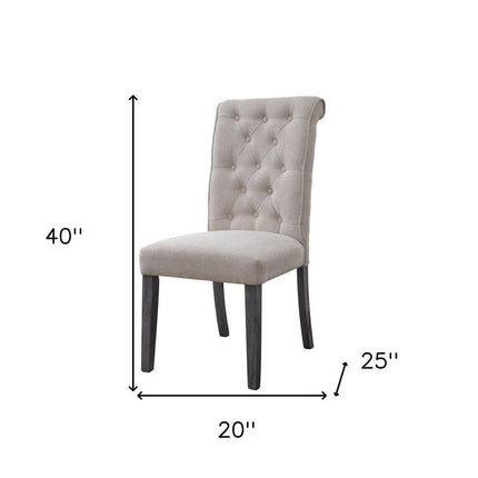 Set of Two Tufted Beige and Gray Upholstered Linen And Solid Wood Dining Side Chairs
